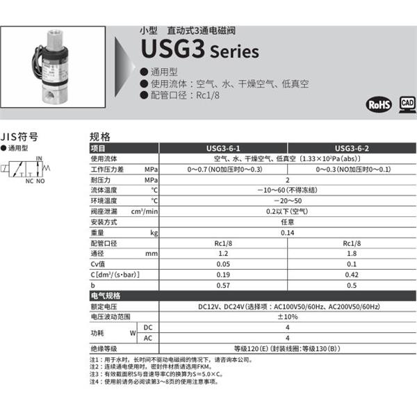 CKD喜開理多種流體小型直動(dòng)式2通電磁閥USG3-6-1-E-AC200V
