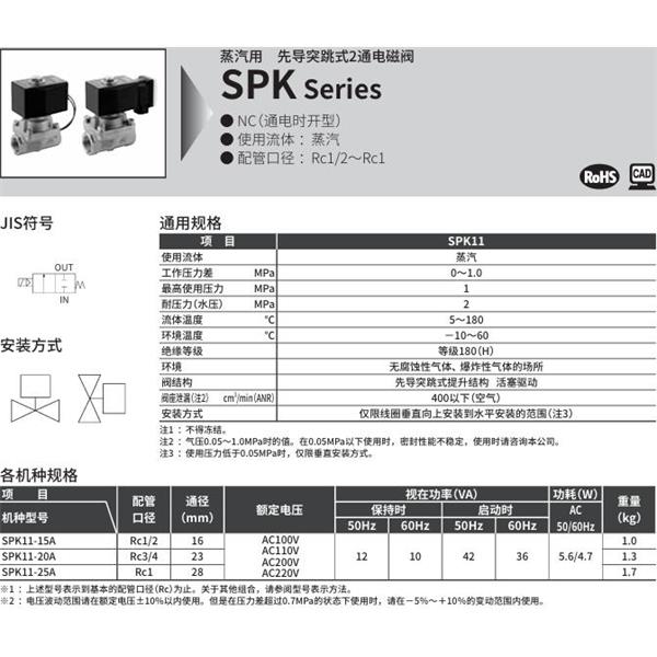 CKD喜開(kāi)理蒸汽用先導(dǎo)突跳式2通電磁閥SPK11-15A-C4A-AC100V