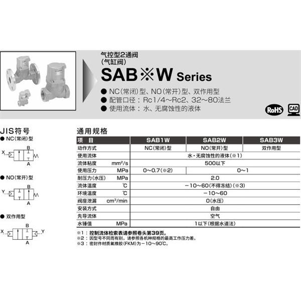 CKD喜開理氣控型2通閥（氣缸閥）SAB3W-10A-0B