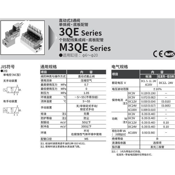 CKD喜開理直動式3通電磁閥M3QE180-M5-E00A-2-1