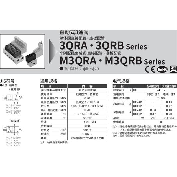 CKD喜開理直動式3通電磁閥M3QRA130-M5-C3-9-4