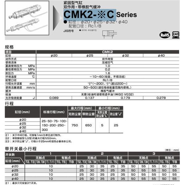 CKD喜開理緊固型氣缸CMK2-TA-40C-600-T5V-T-VB2