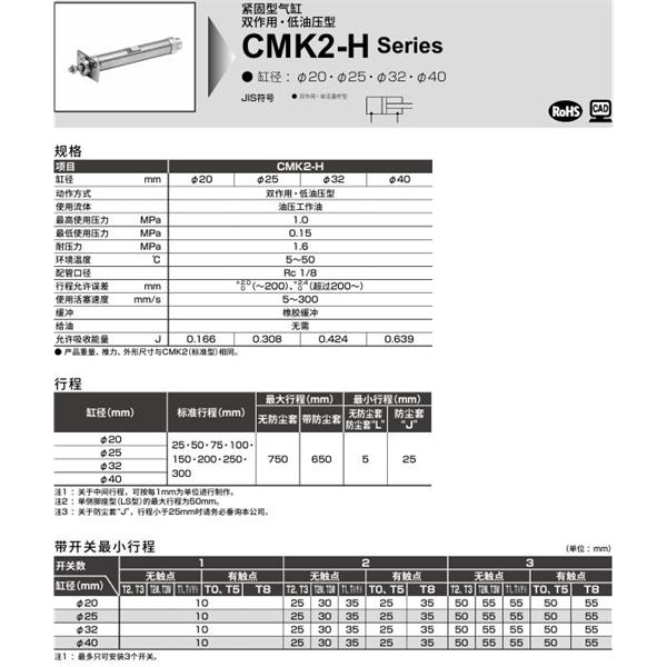 CKD喜開理緊固型氣缸CMK2-H-CC-20-100-JI