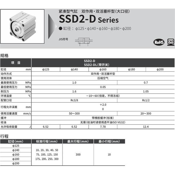 CKD喜開(kāi)理緊湊型氣缸SSD2-D-200-50-N