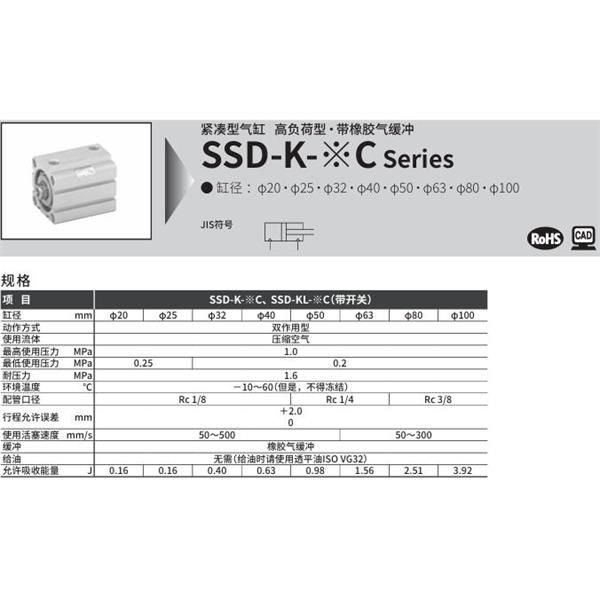 CKD喜開(kāi)理超級(jí)緊湊型氣缸SSD-KL-63C-10-T0H-R-N-LB-I