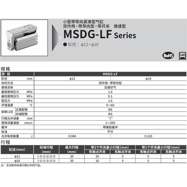 CKD喜開理小型緊湊型氣缸MSDG-LF-16-15-F2V-R