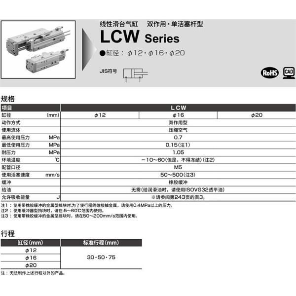 CKD喜開理線性滑臺氣缸LCW-20-75-L-A