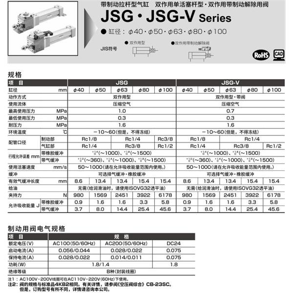 CKD喜開理帶制動(dòng)拉桿型氣缸JSG-V-TC-100B-100-T2H-D-JI