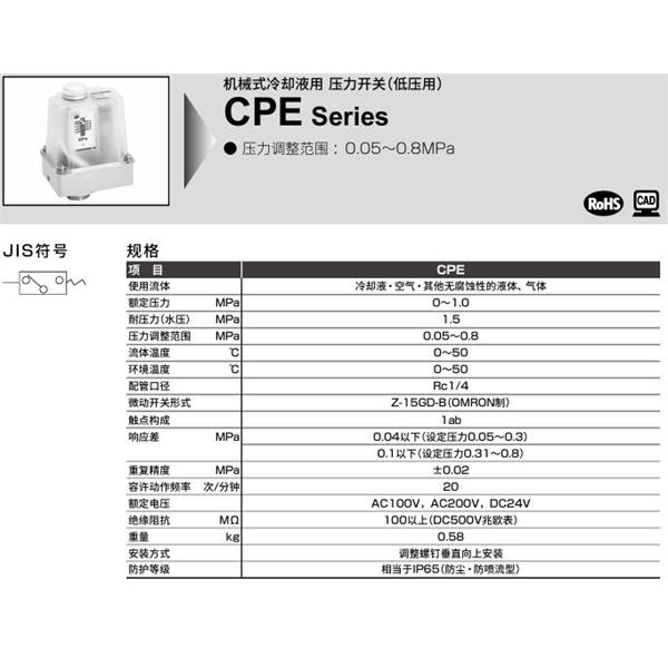 CKD喜開理冷卻液用壓力開關CPE-8-0G-1
